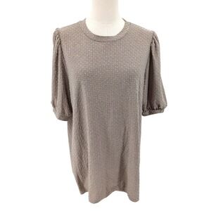 Minimalist Textured Blouse Taupe Puff Sleeve Swiss Dot Bohme Top XL layer work